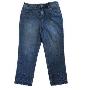 Chico's Dark Blue Cropped Jeans with Embroidered Hem size 8 or chico size 1